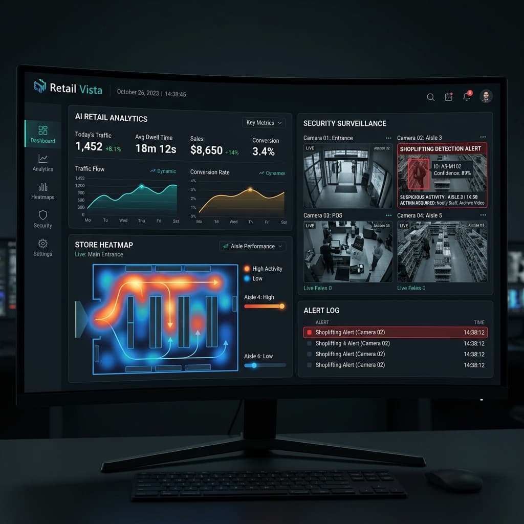 Concept illustration of Retail Vista with a store analytics screen and monitoring tools